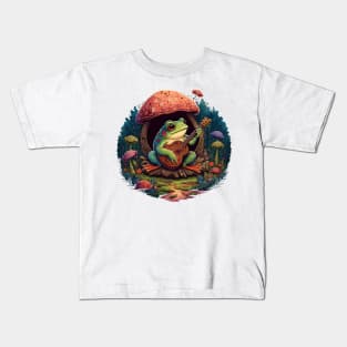 Cottagecore aesthetic cute frog playing ukelele on Mushroom Kids T-Shirt